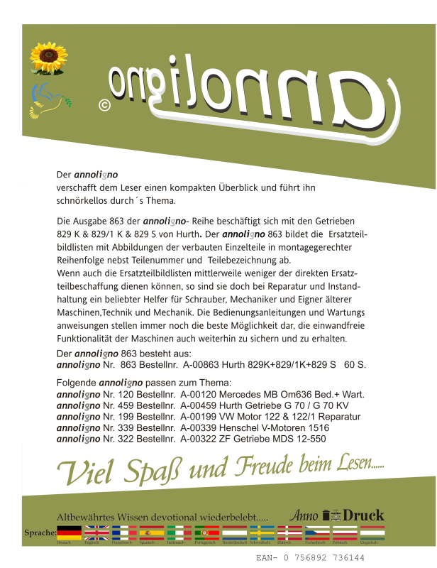 HURTH Mähdrescher Getrieben Typen 829 K & 829/1 K & 829 S  Bild- Ersatzteilliste & Explosionszeichnungen - annoligno 863